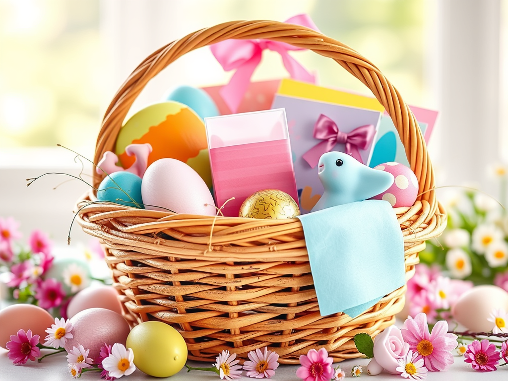 A festive Easter basket filled with colorful eggs, a plush bunny, gift boxes decorated with ribbons, and surrounded by spring flowers.